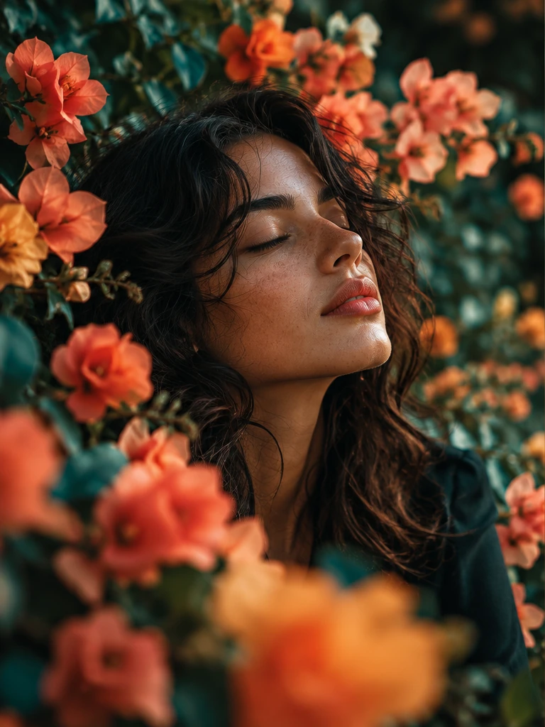 Retrato artistico entre flores vermelhas e folhagens verdes